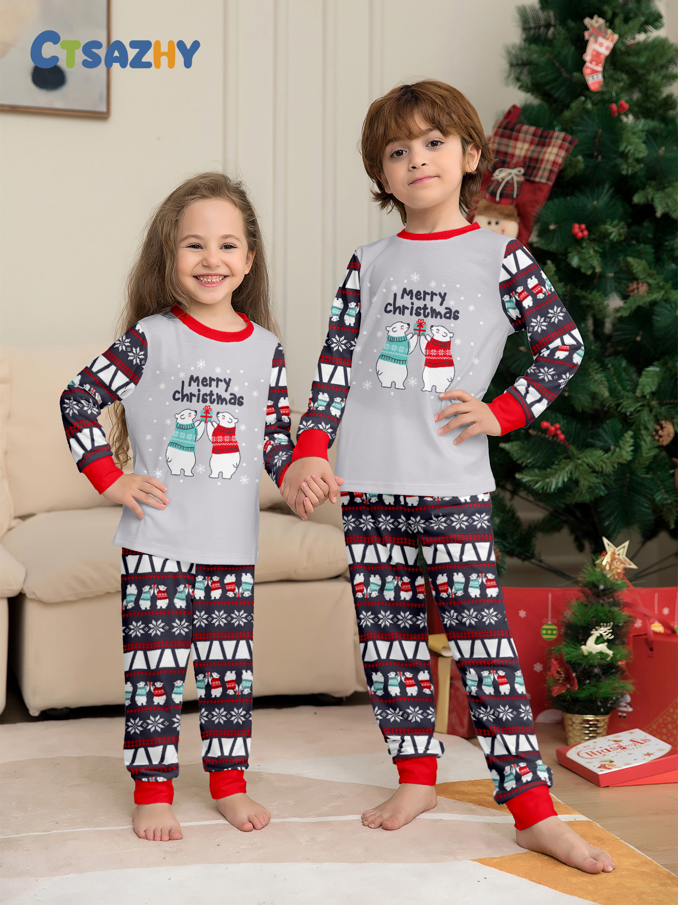 Pijama de natal a combinar para família com urso e flocos_voghion.com