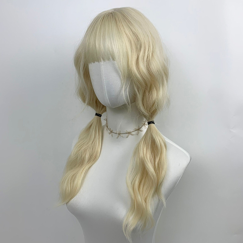 Star Cheng Wig Platinum Princess Head Long Curly Hair Wig Women's Double ponytail Braided 52cm Full Head Set