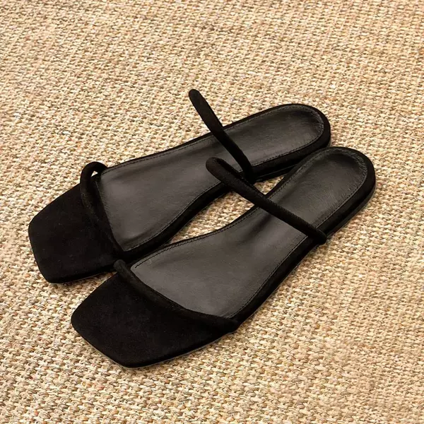 In Stock~ Simple One-Strap Sandals for Women, Summer Outdoor Wear, Versatile Beach Shoes, Square-Toe Slip-On Open-Toe Flat Slippers