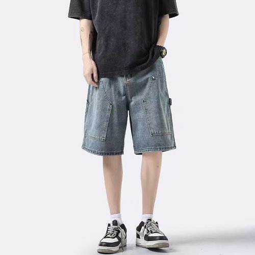 American-style high-street vintage denim shorts with big pockets, men's trendy brand loose-fit straight-leg capri pants, men's casual mid-length trousers—on-trend design