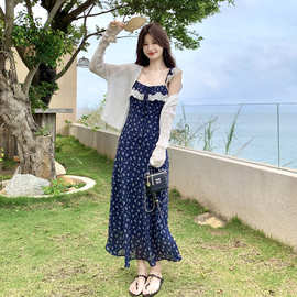 法式毛纱开衫蕾丝拼接碎花吊带连衣裙女2026夏季新款气质度假长裙