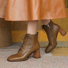 法式復古方頭牛皮系帶馬丁靴2021冬新款通勤木紋粗高跟系帶短靴女