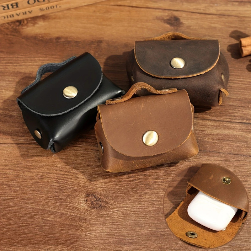 Crazy Horse Leather Coin Purse, Genuine Leather Key Bag, High-End Retro Handmade Headphone Bag, Compact Cosmetics Bag, Coin Bag
