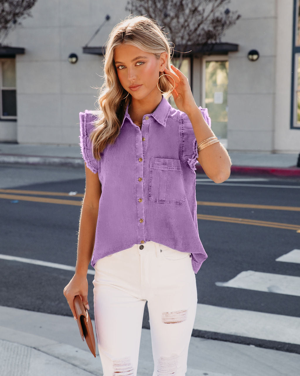 Giacca di jeans donna con volant strappata bavero manica lunga_voghion.com