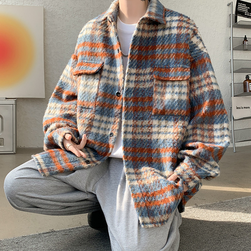 Hong Kong style retro student woolen coat loose lapel Plaid casual jacket woolen trendy men's long-sleeved top