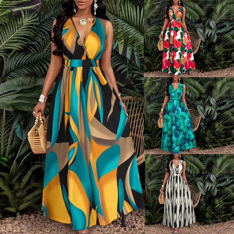 Tropical Print V Neck Waist Twist Knit Slim Fit Flared Skirt Long Women's Clothing Tropical Print V Neck Waist Twist Knit Slim Fit Flared Skirt Long Women's Clothing