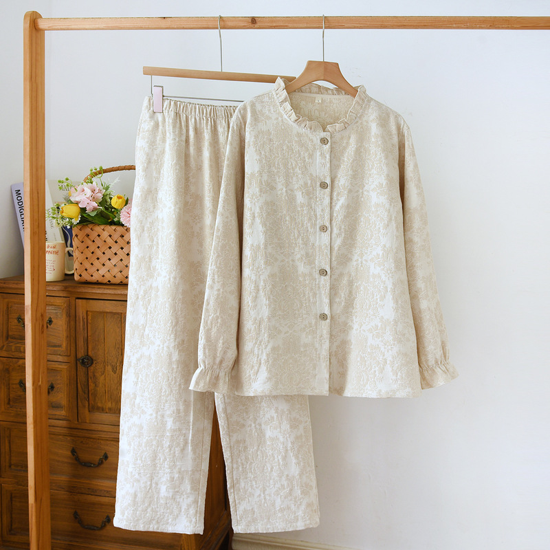 Spring and Autumn New Women's Thin Set Casual Simple Long-Sleeved Long Pants Women's Pajamas Linen Loungewear Spring and Autumn New Women's Thin Set Casual Simple Long-Sleeved Long Pants Women's Pajamas Linen Loungewear