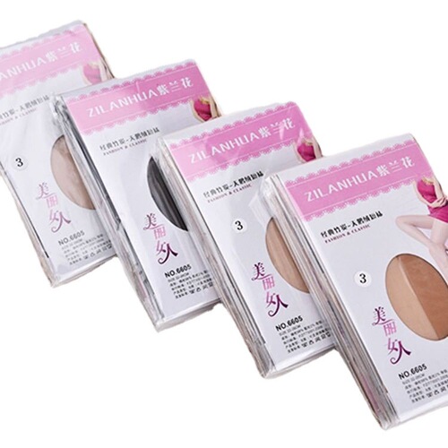 Factory-direct, individually wrapped crystal silk stockings—ultra-thin, sheer, and shape-retaining—in skin-toned and nude colors. Women's single or double pairs, each packaged separately.