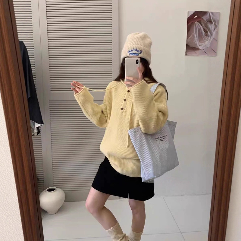 韩系纽扣半开领连帽针织衫女中长款慵懒风宽松休闲套头毛衣卫衣潮|undefined