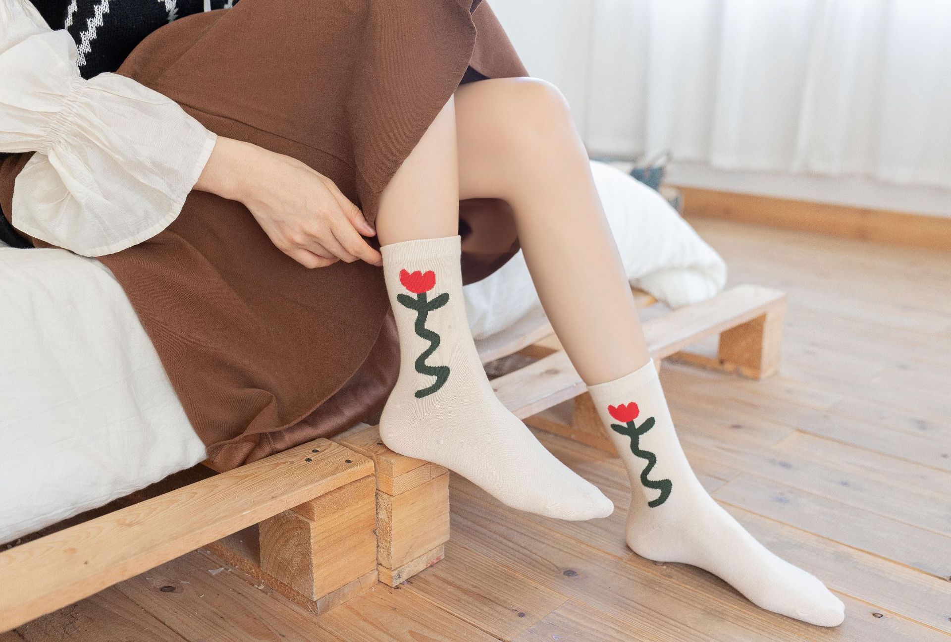 64g Weight Breathable Function Flower Pattern Yellow Color One Size Size Korean Small Flower Tube Socks Cute Retro Style Cotton Socks Four Seasons Thin Section 6