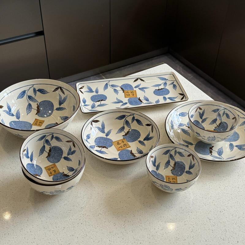 Japanese-Style Ceramic Bowl and Plate Set, Plate Tray, Ceramic Plate, Ceramic Plate with Persimmon Design