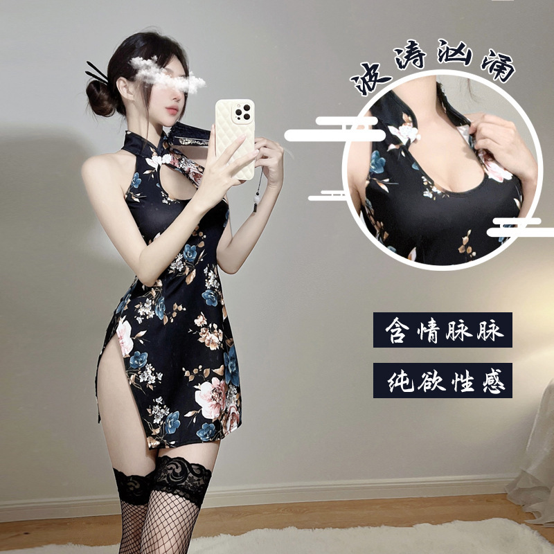 Antique cheongsam * sexy underwear passion hollow temptation split sleeveless printing elegant slim uniform suit women Antique cheongsam * sexy underwear passion hollow temptation split sleeveless printing elegant slim uniform suit women