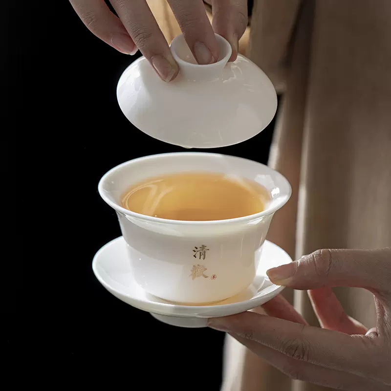 高端羊脂玉白瓷功夫茶具套装家用会客简约陶瓷三才盖碗送礼品会客