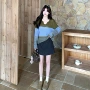 显瘦v领高腰拼色半身裙