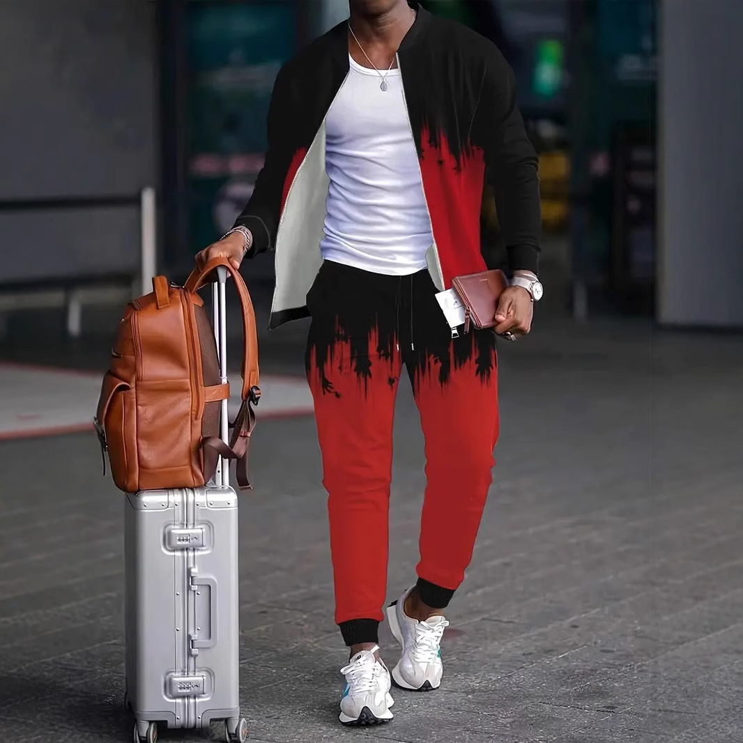 Versión coreana de la chaqueta con cremallera de estilo Pi Shuai Hong Kong de diseño de dos piezas degradado estilo popular pantalones WL9-ML1