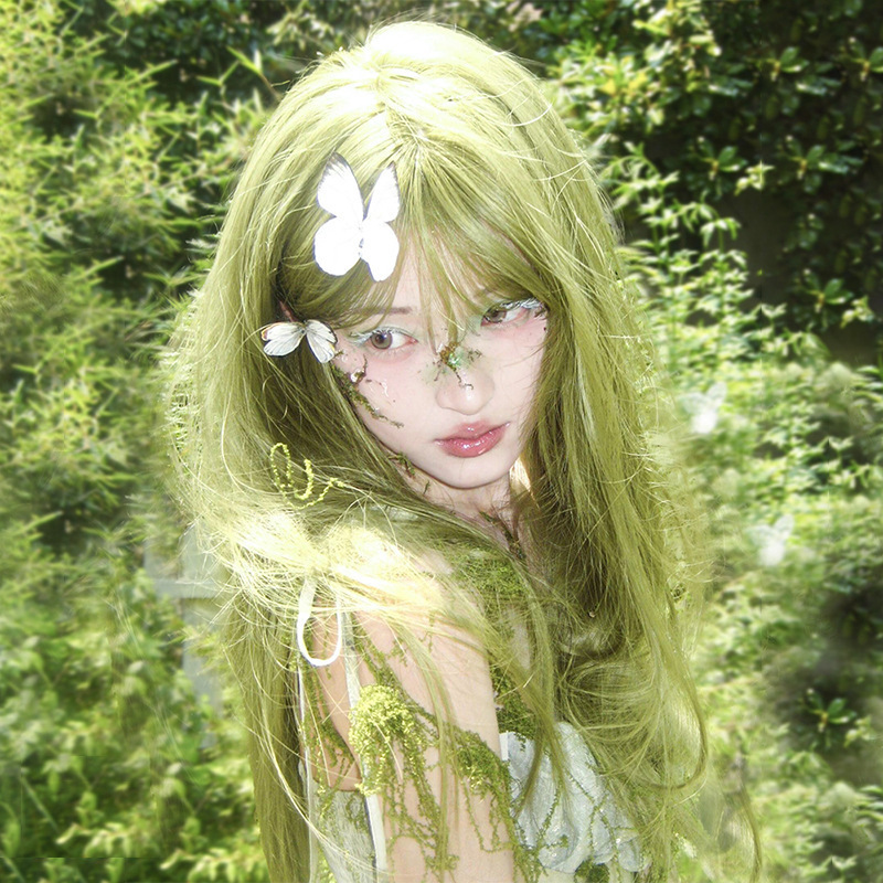 Wig for Women in Summer, Thin Air Bangs, Long Straight Hair, Same Style as Ju Jingyi, Lolita Green Full Wig Headgear