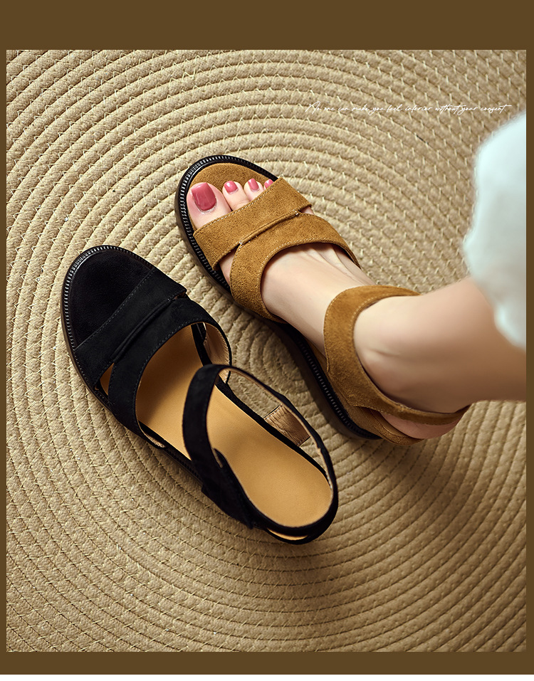 Sandal cao gót nữ mũi hở, đế xuồng bọc da lộn, quai ngang khóa dán, gót 9 cm — Nâu vàng, màu đen chi tiết 1