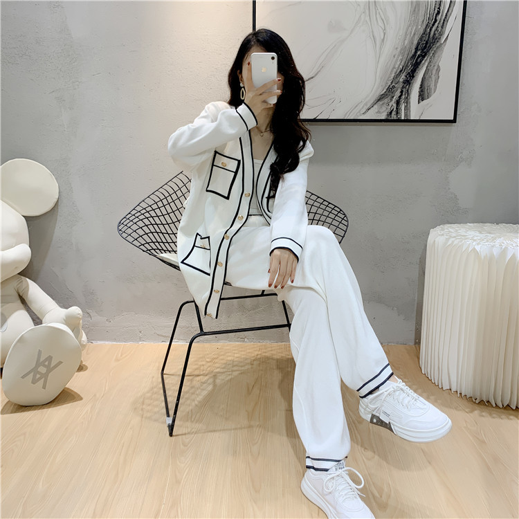 Ensemble pantalon pour femme, cardigan tricoté, pantalon à jambes larges, ensemble deux pièces à la mode, tempérament de printemps, automne et hiver_voghion.com
