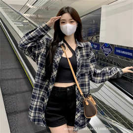 跨境格子衬衫女士夏韩系慵懒风宽松复古长袖衬衣开衫防晒外套批发
