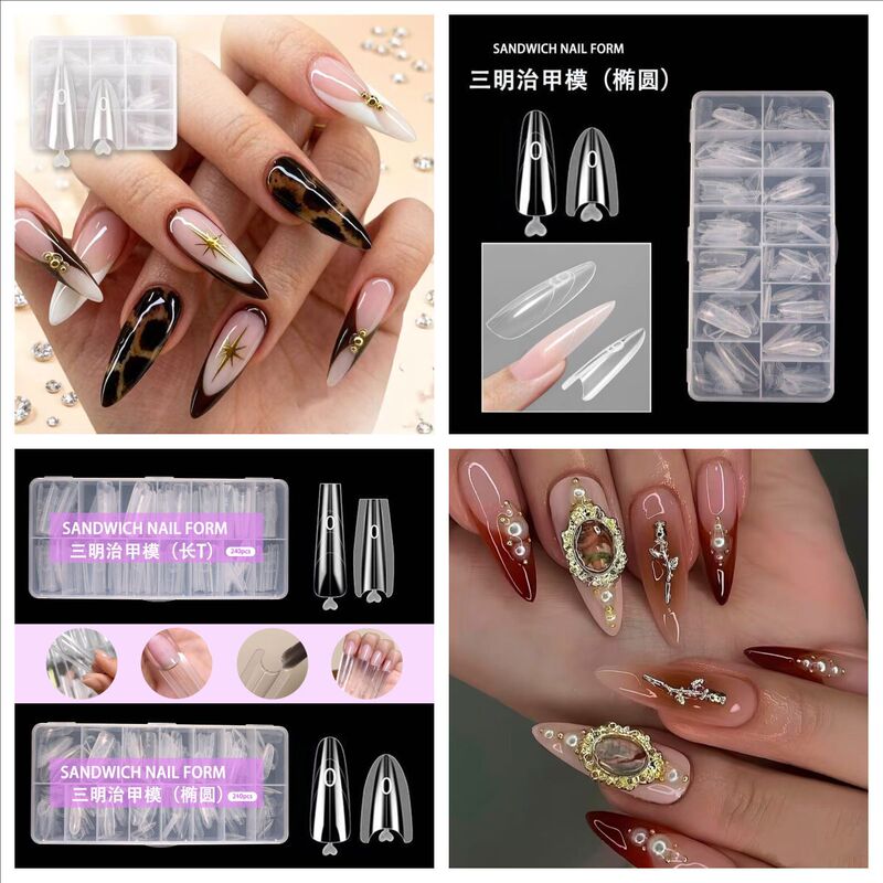 Cross-Border Nail Art Sandwich Nail Tips Wearable Nail Display Salon Art Nails Transparent Full-Cover Wearable Nail Tips Pointed Shape