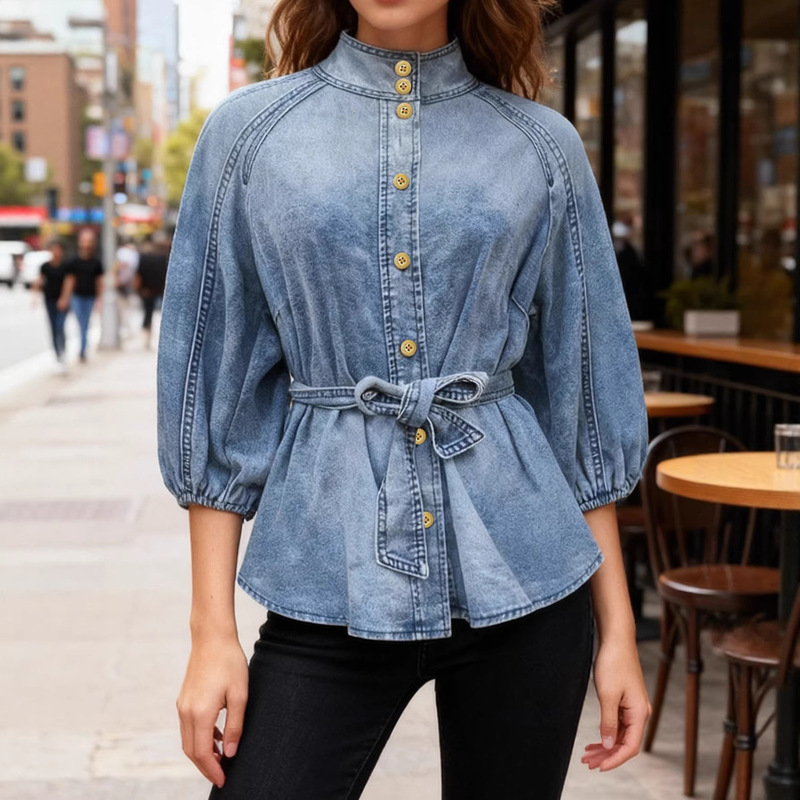 2026 Spring and Autumn Gradient Color Lightweight Half-Sleeve Puff Sleeve Pullover Denim Top Shirt with a Stylish Casual and Minimalist Look