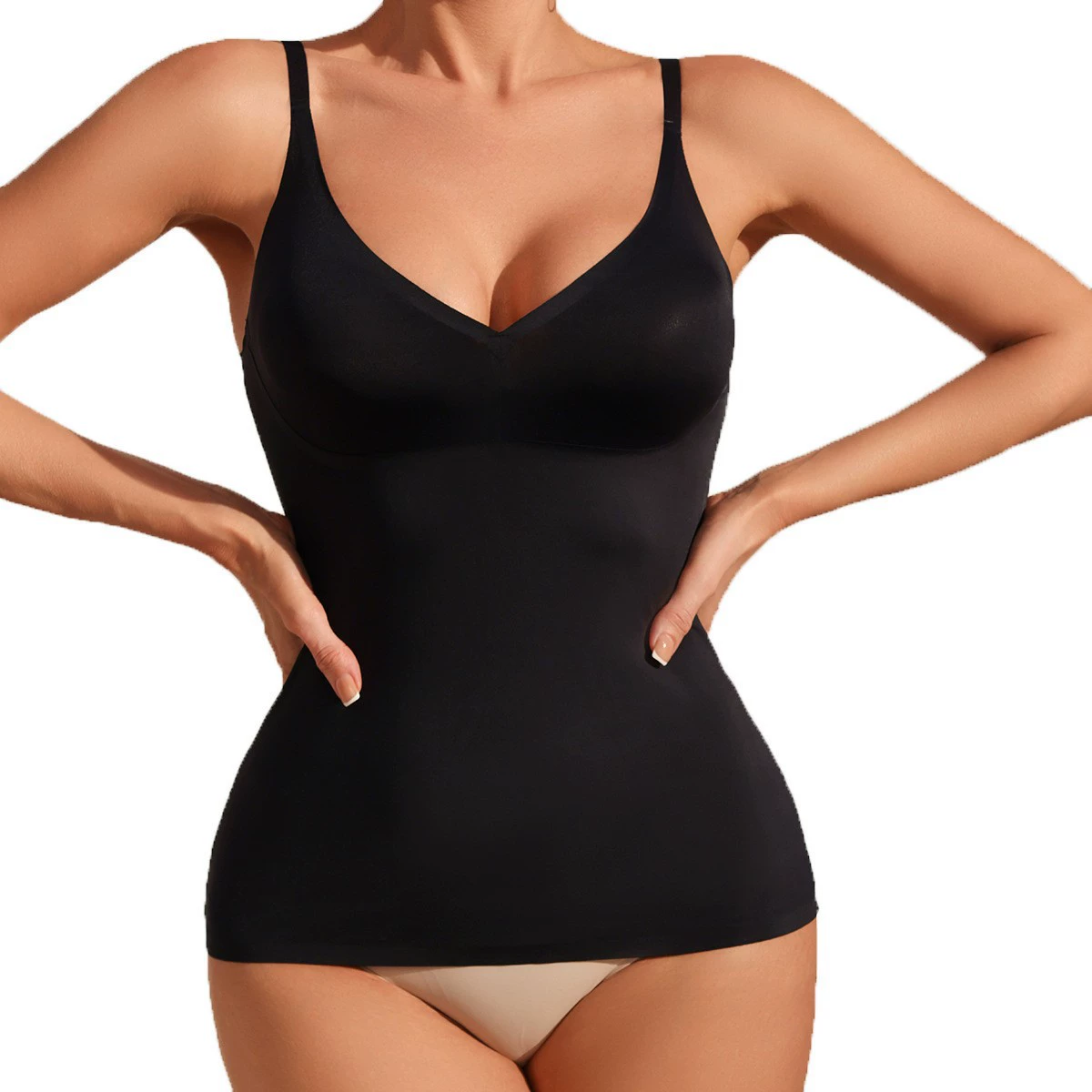 Комбидресс-верх (shapewear) бесшовный с V‑образным вырезом, утягивающий талия, чёрный S–XL