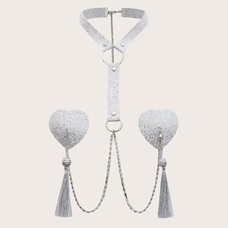 European and American tassel breast chain sequins love chest chain jewelry sexy ladies neck body chain nipple chain foreign trade
