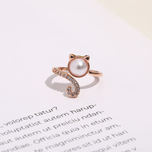 新款小猫咪微镶锆石戒指欧美时尚气质简约可爱女珍珠指环一件代发