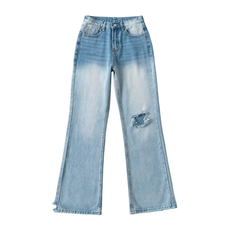 Vintage Washed Blue Ripped Jeans Women's 2024 New Summer Tall Loose Straight Pants