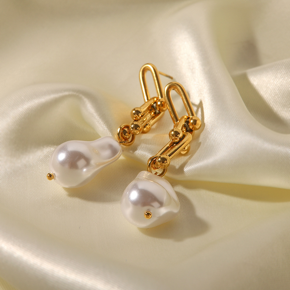 Fashion Geometric Stainless Steel Gold Plated Pearl Drop Earrings 1 Pair display picture 3