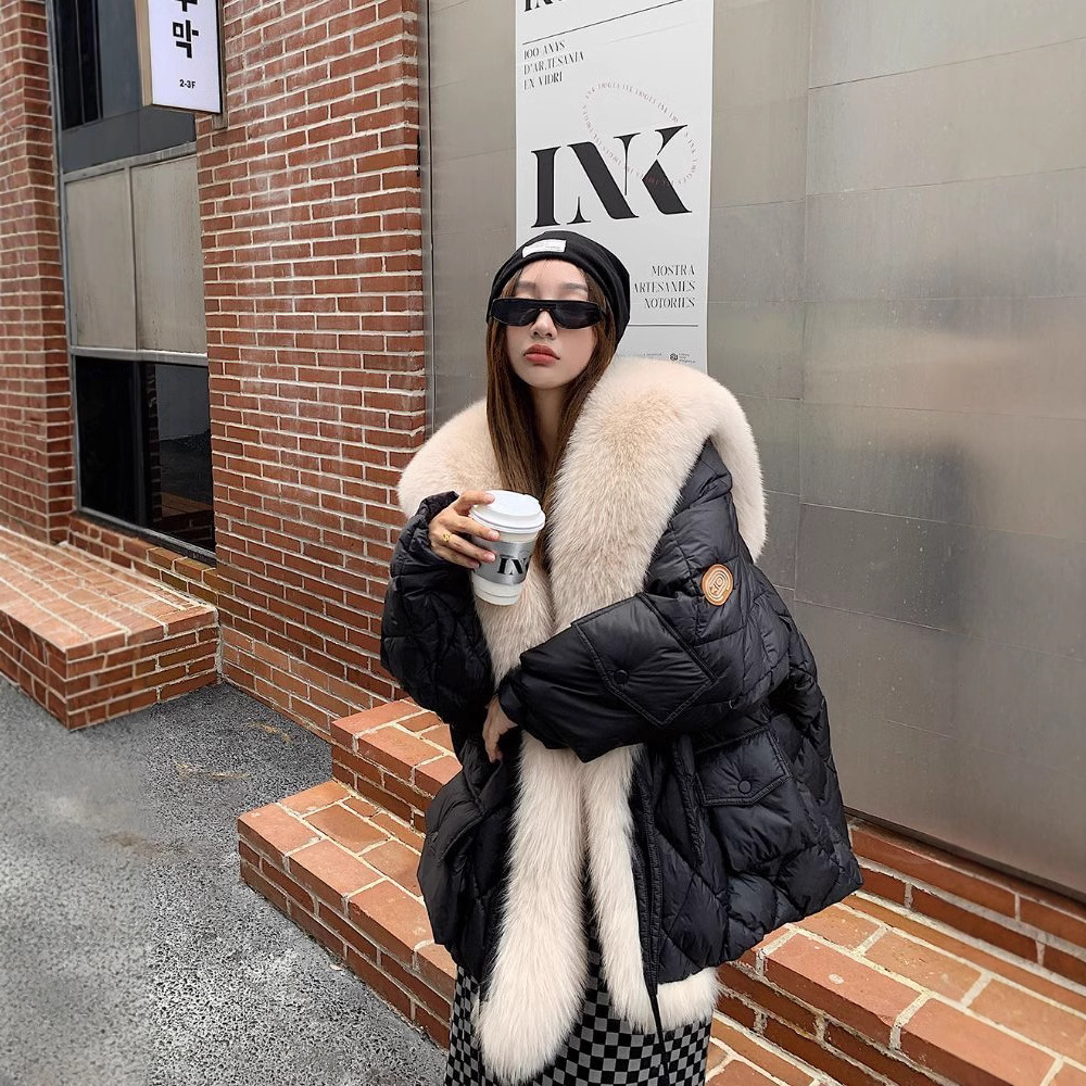 欧货仿狐狸毛皮草派克服羽绒棉服保暖女款2025时尚年轻中长款外套