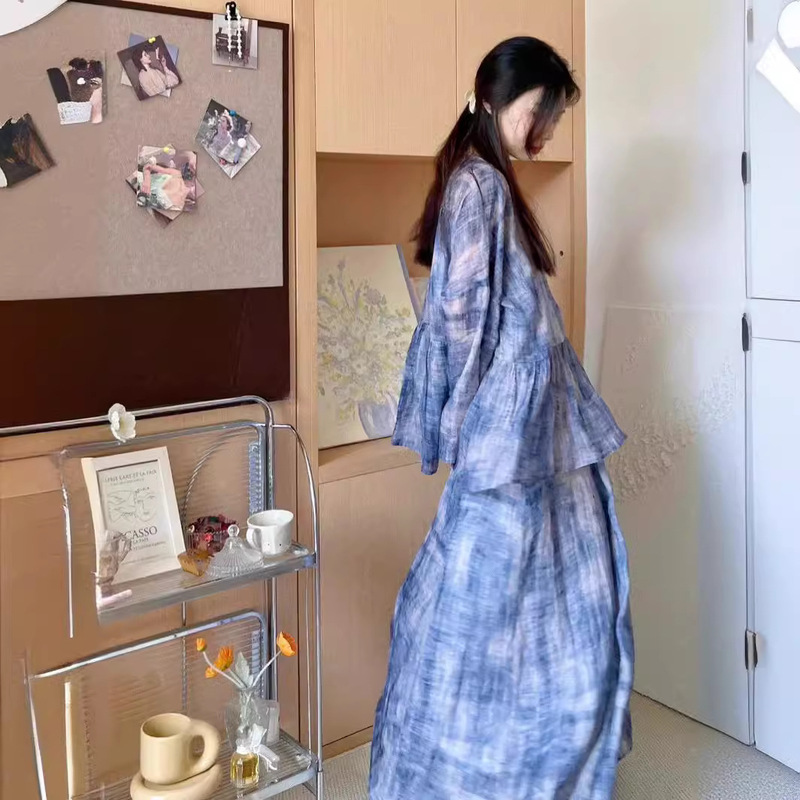 New Summer Product [Wave Skirt] Smudged Ramie Printed Flowing Suspender Dress Long Skirt for Women Refreshing