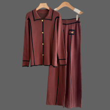 跨境欧美高级感时尚翻领气质针织套装女秋冬通勤女装针织两件套潮