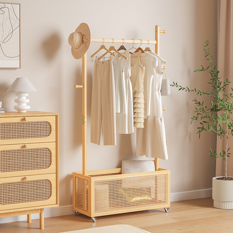 Percha de ratán de madera maciza, dormitorio, piso, sala de estar, hogar, estante de ropa junto a la cama, percha extraíble, canasta de ropa sucia