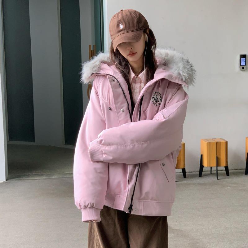韩版毛领工装棉服女短款2025冬季新款宽松女白尖毛领面包服外套|undefined