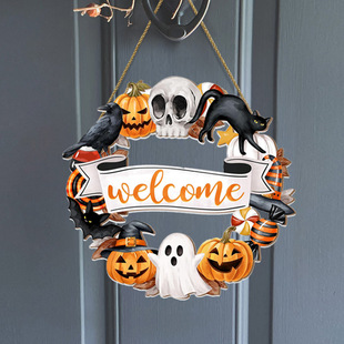 Halloween Ghost Black Cat Pumpkin Skull Door Hanging Sign Rustic Welcome Wooden Sign Front Door Home Decor Wall Hanging