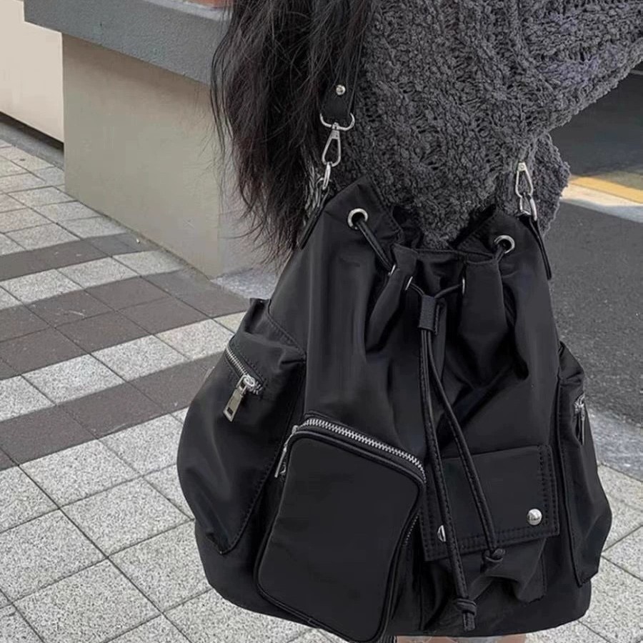 Unique Design Black Large-capacity Multi-pocket Shoulder Tote Bag, Korean Style Ins-inspired Drawstring Multi-use_voghion.com