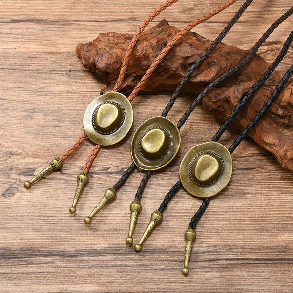 Retro Western Style Braided Leather Cord Bolo Tie Unisex Cowboy Hat Pendant Alloy Necklace Accessories
