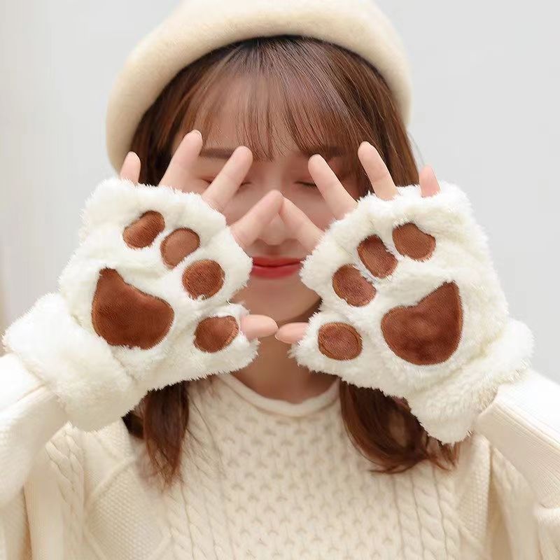 秋冬の女性用のかわいい猫の爪手袋、暖かく防寒性のある豪華なハーフフィンガーグローブ、厚くてベルベット、学生が指を失うのを防ぐために書くことができます。|undefined