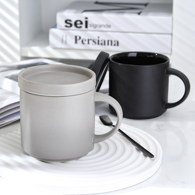 Scandinavian Modern Minimalist Ceramic Mug with Lid, Creative Water Cup, Frosted Color Glaze, Cafe, Hotel, Restaurant