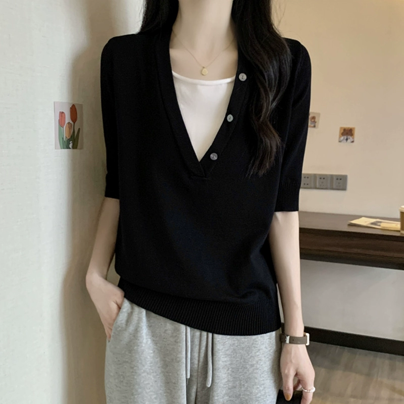 Женская летняя футболка больших размеров из двух частей с v-образным вырезом, трикотажная футболка из ледяного шелка с правым плечом и короткими рукавами, толстая мм, утягивающая топ с половиной рукавов, закрывающая живот