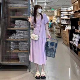 法式高级感紫色连衣裙子女2024夏季新款小个子设计感泡泡袖长裙子