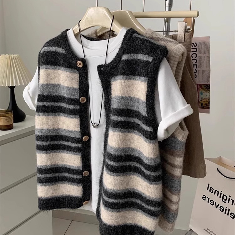 Japanese Style Retro Striped Knitted Cardigan Sweater Vest Women's Spring and Autumn Unique Super-looking Vest Stacked Top