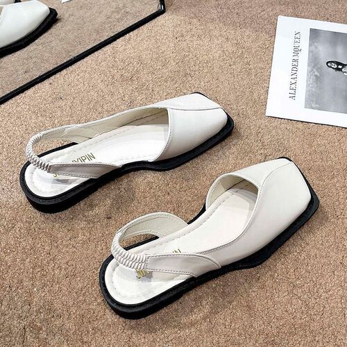 Square Head Zebra Print Half Slip-On Spring Single Shoe Flat Leather Surface One Strap Sandal Trendy Women