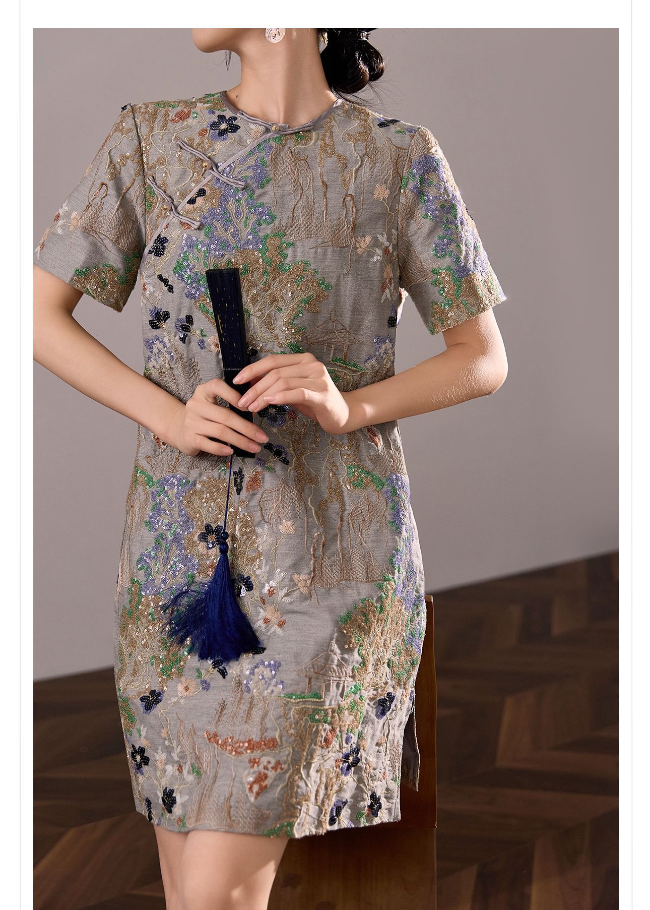 Váy ngắn thêu sequin phong cách Trung Hoa mới mùa hè M4239 — Màu xám chi tiết 8
