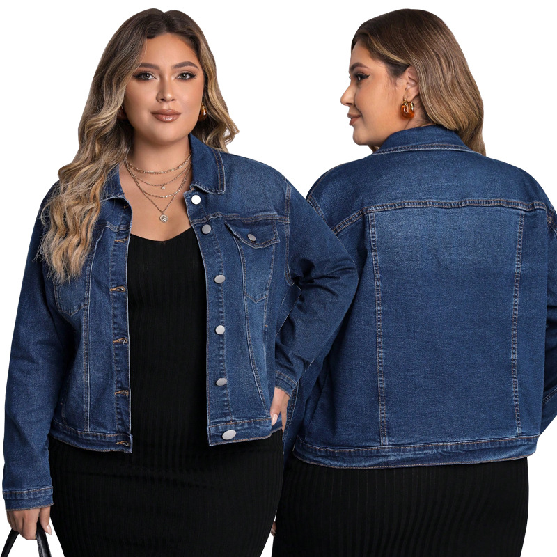 Plus Size Denim Top, Women's Long Sleeve Chambray Shirt, Classic Stretch Denim Shirt For Casual & Office Wear_ecoleips.com
