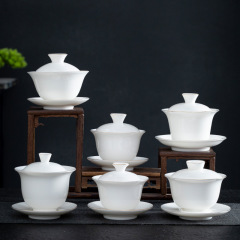 徳化白磁茶器、羊脂翡翠三才蓋ボウル、陶磁器カンフー茶ボウル、火傷防止蓋ボウル、ロゴ入りティーカップ