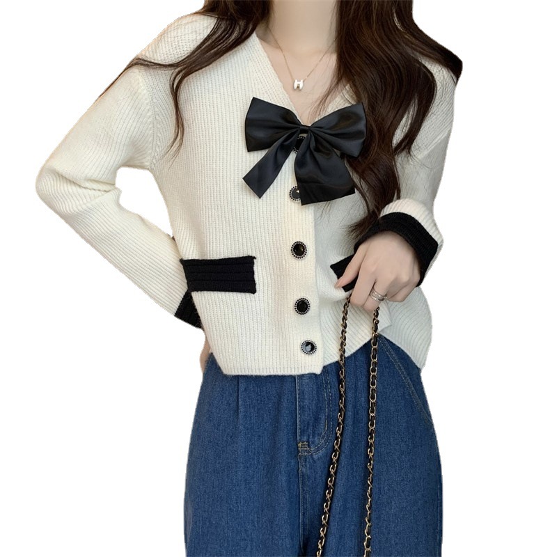 Primavera Chanel estilo arco cardigan de punto para las mujeres 2023 nuevo suave dulce chic con cuello en V suéter abrigo