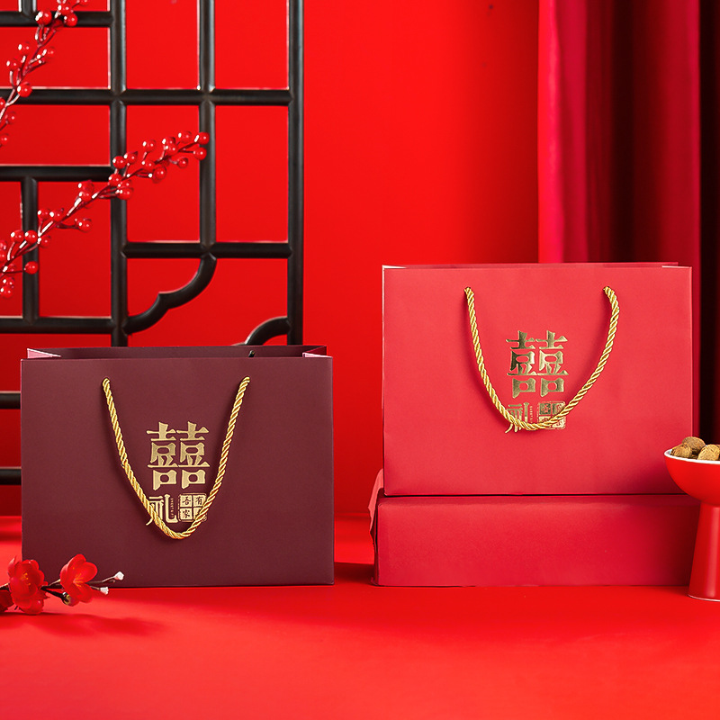 结婚喜糖手提袋婚庆满月礼品盒回礼伴手礼袋创意中国风红色手拎袋