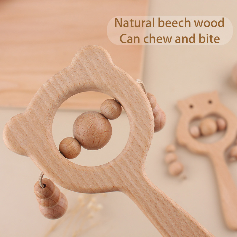 Nuevos dibujos animados DIY palo de haya juguetes de goma de diente búho oso marrón campana juguetes de goma de diente palo de molienda